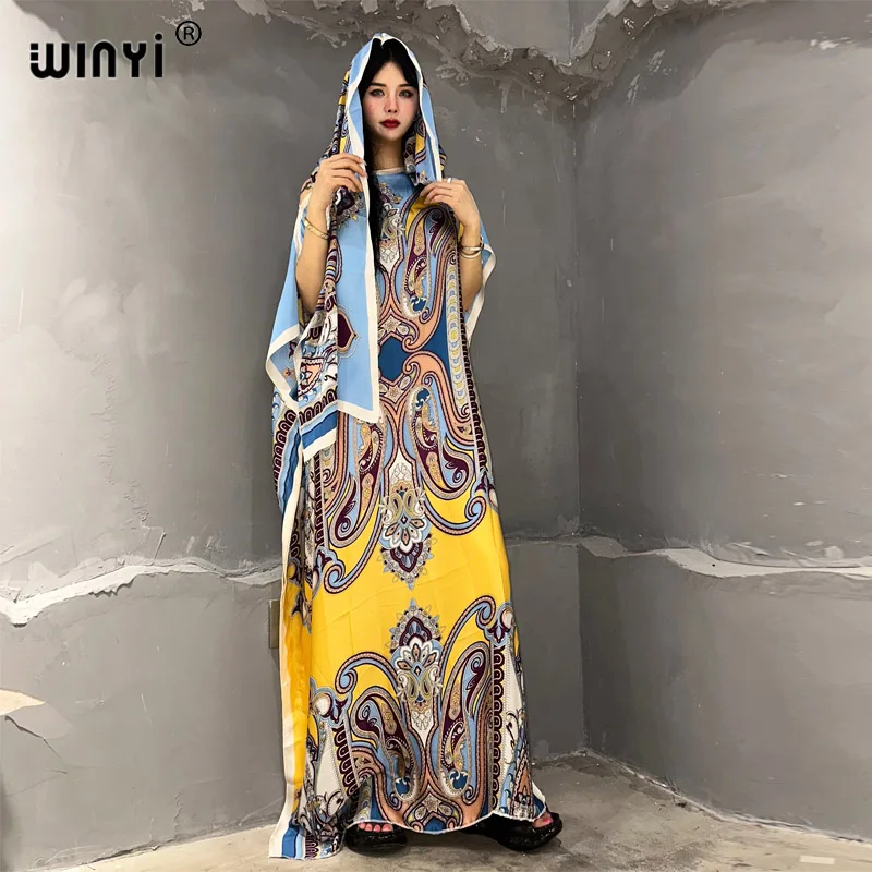 WINYI Africa boho print dress for women Dubai Muslim Dashiki abaya holiday Design With belt evening dress caftan party kaftan