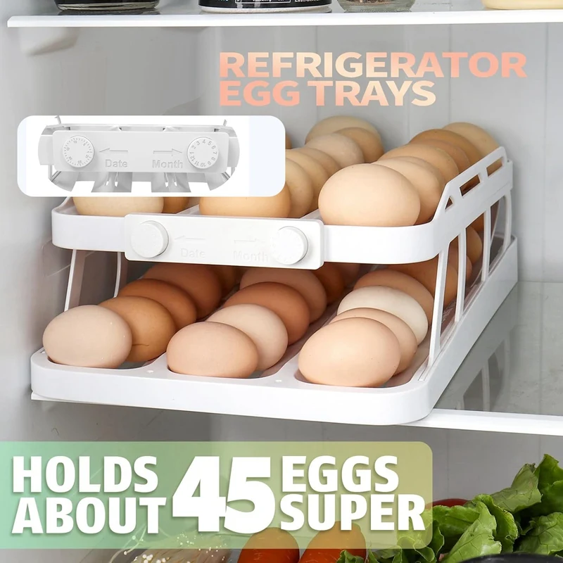 45 Eggs Holder For Fridge, 3 Rows Egg Dispenser,Freshness Ensured With Time Recorder,Space-Saving Rolling Eggs Organizer Durable