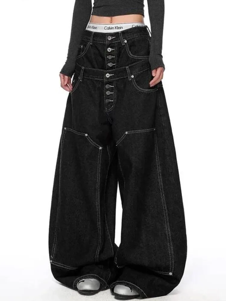 New Black Niche Men's Baggy Jeans Letter Embroidery Casual Double Waistband Deconstructed Wide Leg Denim Long Pants QI6G