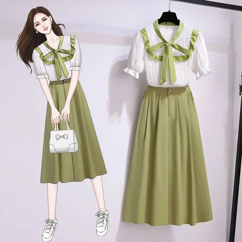 

Fashion Women Spring Summer Lace-up Bow-Knot V-Neck Short-Sleeve Loose Chiffon Shirt High Waist A-Line Skirt Two-Piece Set