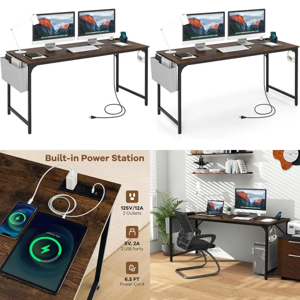 

Современный стол для домашнего офиса 60-х годов с зарядкой, хранилищем и крючком для наушников