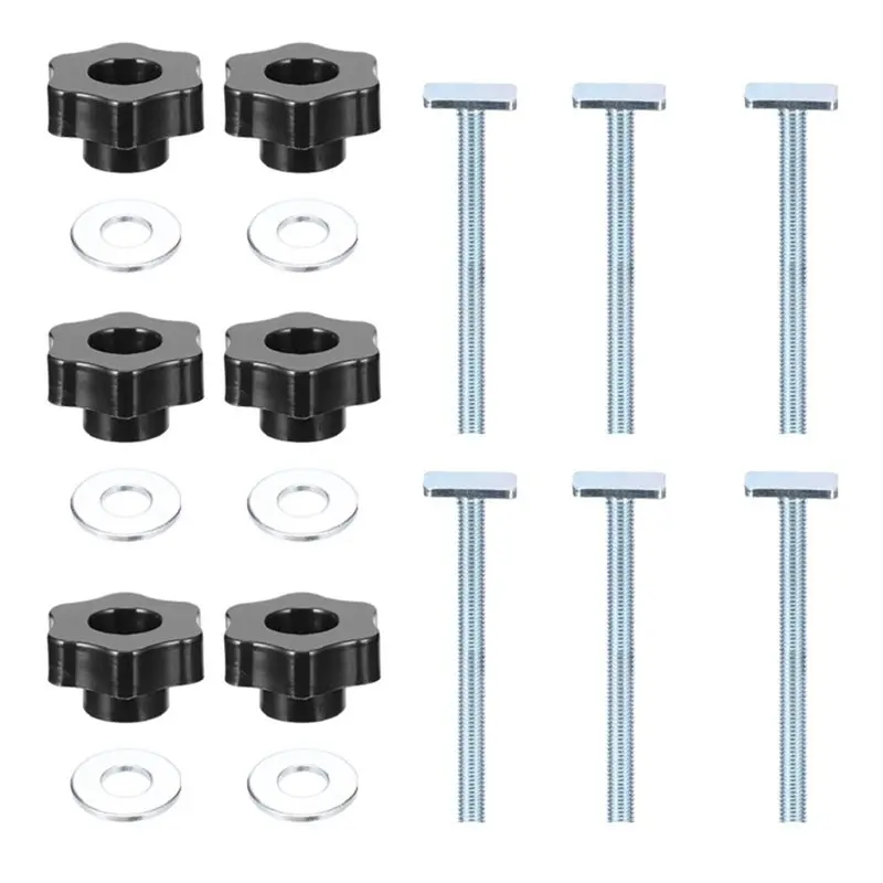 ABRW-Handle T-Slot Slider Miter T-Track Jig Screw Fixture Set(6) For Table Saw Router Chute Rail Woodworking Bench Tool DIY