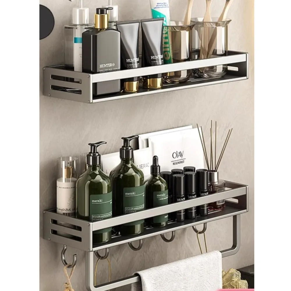 Bathroom Accessories Storage Rack Non Perforated Wall Mounted Metallic Shower Room Washbasin Towel Bar Hook Draining Water Shelf