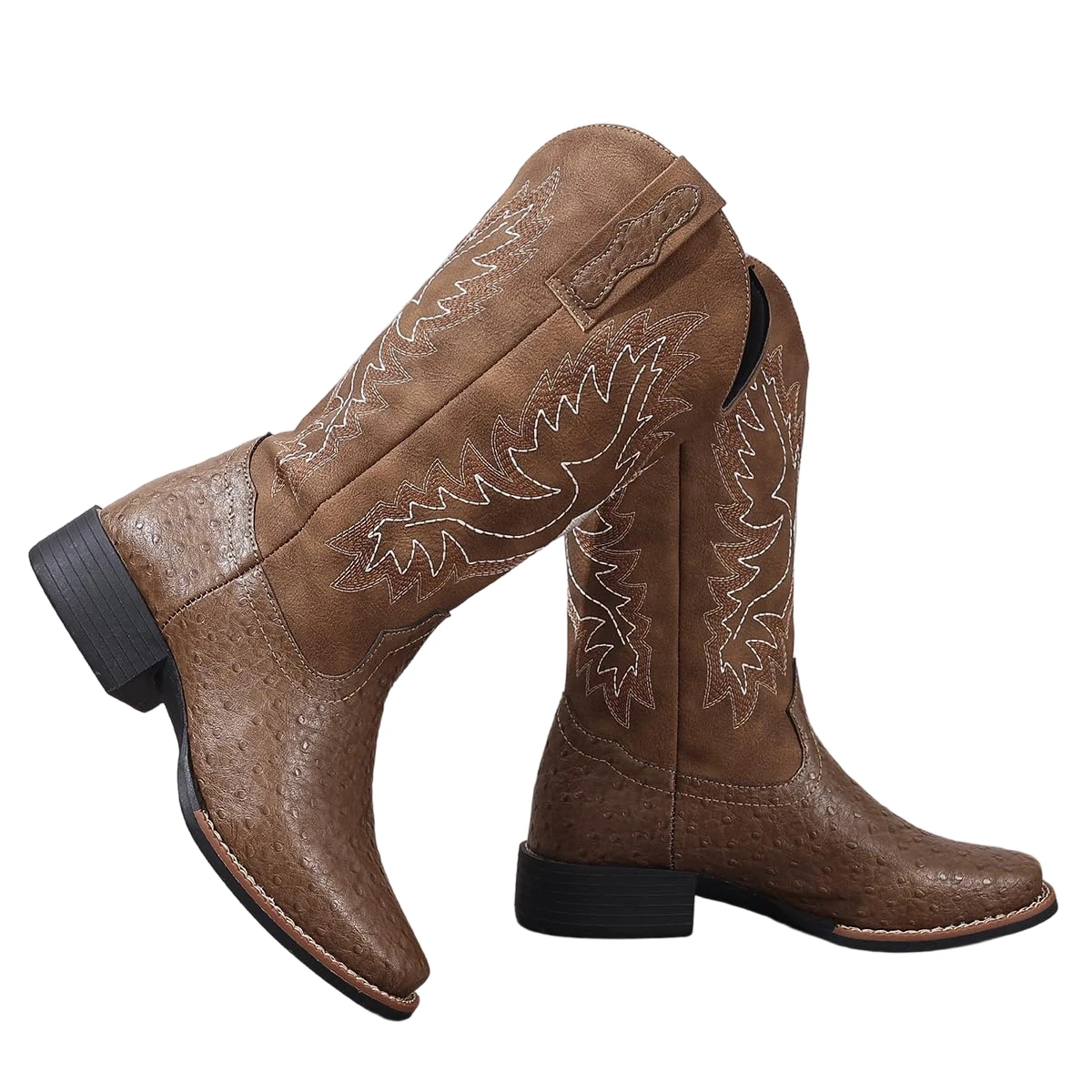 

Western Cowboy Boots for Women Fashion Comfortable Slip-On Mid Calf Boot Retro Embroidery Pointed Block Heels Riding Boots