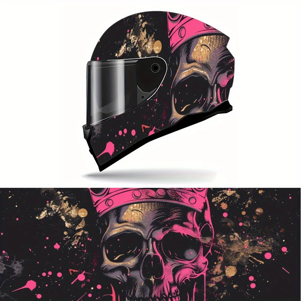 

Unique Pink Gold Skull with Crown Motorcycle Helmet Vinyl Wraps Sticker, Noble Helmet Decoration, Waterproof Self-adhesive Helme