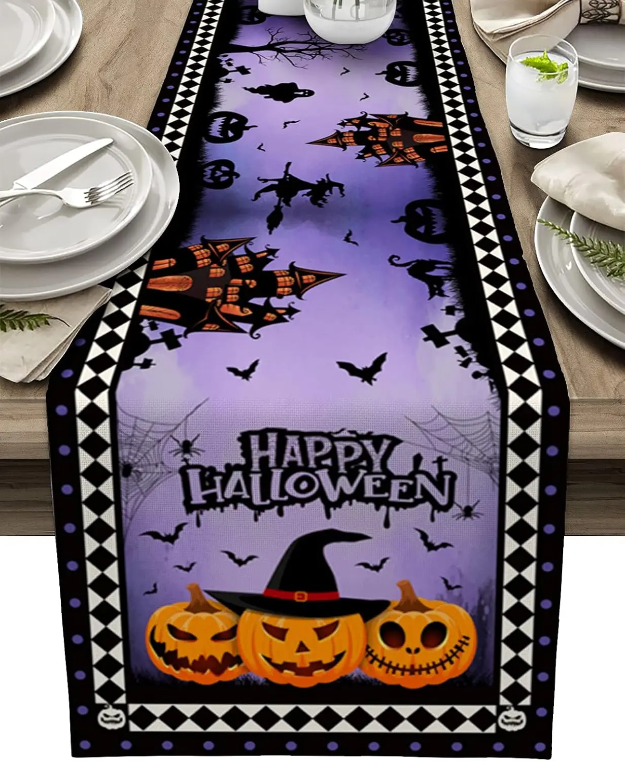 Halloween Pumpkins Bat Diamond Plaid Linen Table Runners Washable All Season Table Linen Decoration for Holiday Dresser Scarves