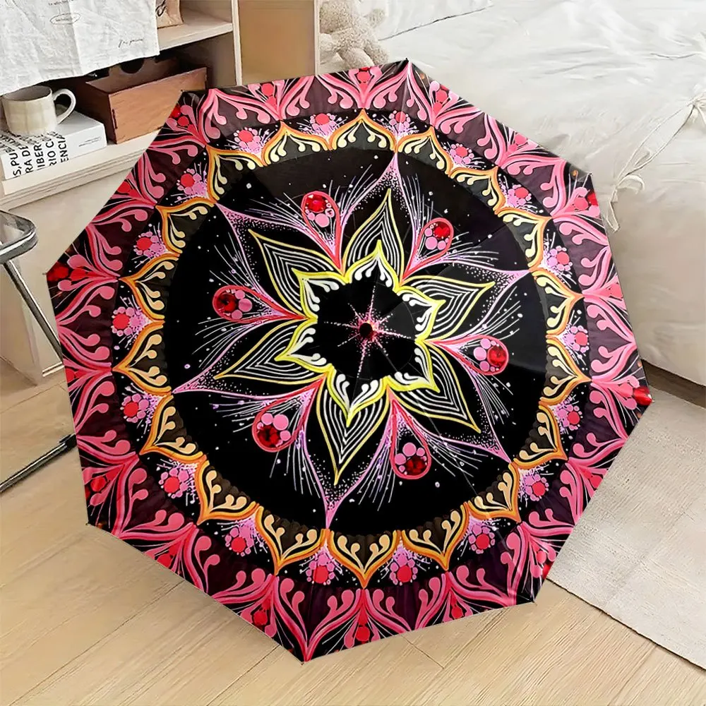 

Automatic Folding Umbrella with Mandala Floral Pattern - Automatic Open/Close, Compact Travel Umbrella with 8-Rib Sturdy Frame