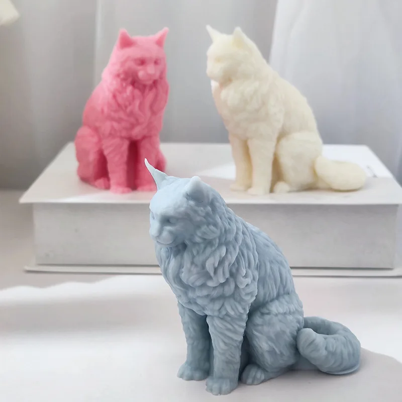 Big Tail 3.66inch Sitting Maine Cat Candle Soap Silicone Mold 3D Animal Ornament Plaster Aromatherapy Mould