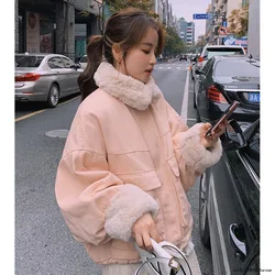 Thick Winter Cotton Jacket Women's Short Korean Loose Splicing Pink Cotton Parkas Coat Thicken Pocket Cotton Overcoat Female