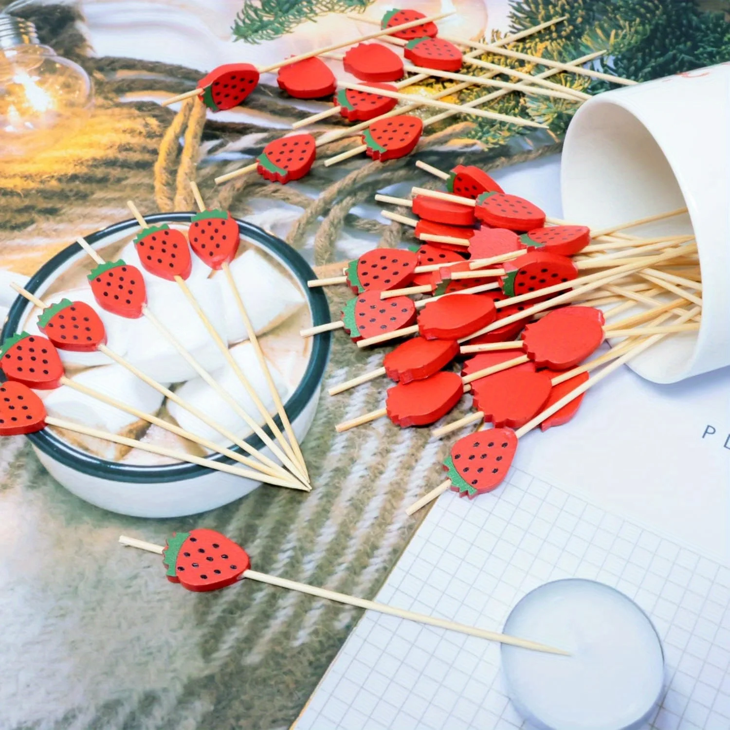50pcs Strawberry Bamboo Toothpicks - Fruit Cocktail Sticks for Appetizers, Drinks, Sandwich Skewers, Party Decorations