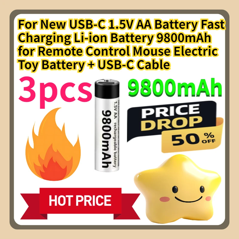 

For New USB-C 1.5V AA Battery Fast Charging Li-ion Battery 9800mAh for Remote Control Mouse Electric Toy Battery + USB-C Cable