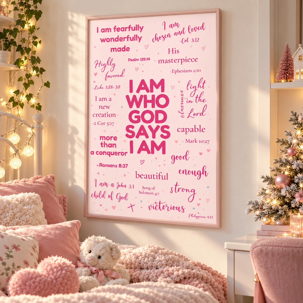 Pink Christian Wall Art Poster, Inspirational Bible Scripture Quotes, Religious Affirmation Canvas Painting, Girls Bedroom Decor