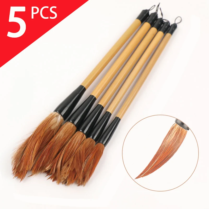 5 Pcs/set Chicken Feathers Calligraphy Brush Chinese Traditional Long Hair Cursive Script Writing Brush Landscape Painting Brush