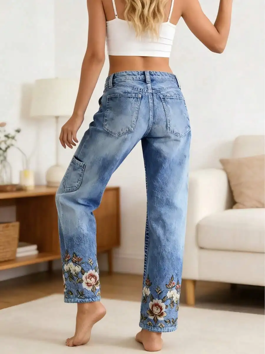

High-Waisted Straight Leg Floral Embroidered Distressed Denim Jeans