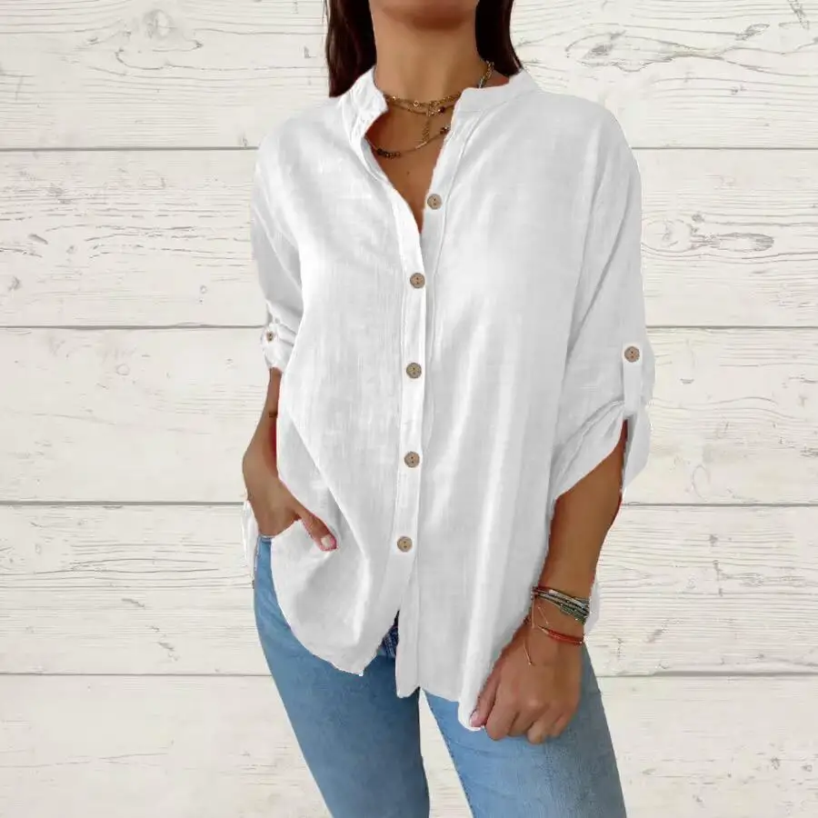 

Женская хлопково-льняная блузка с воротником, длинным рукавом, свободного кроя, повседневная, без бренда, зарегистрированный товарный знак