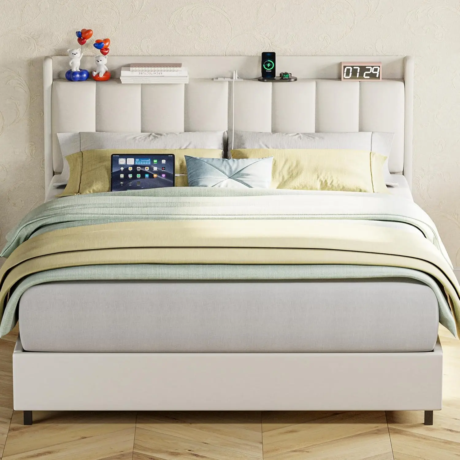 IRONCK Lift Up Storage Bed with Power Outlets, Queen Bed Frame, Wooden Slat Support/No Box Spring Needed,White