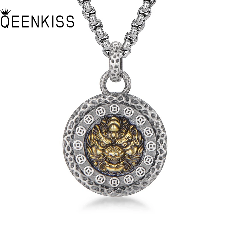 QEENKISS 925 Sterling Silver Necklace Pendant For Men Vintage Fortune PIXIU Coin Sweater Pendant Fine Jewelry Party Gift PT606