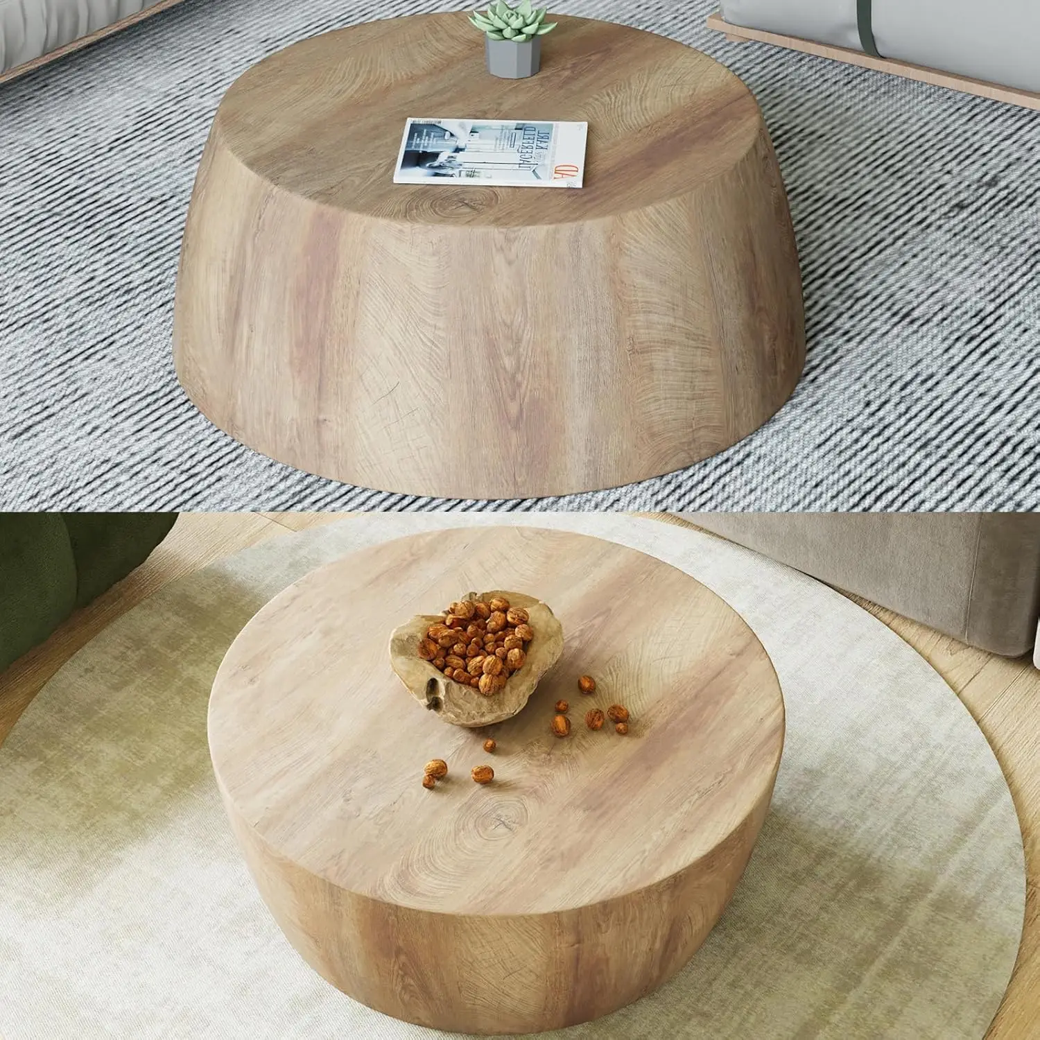 

29.53"W x 11.81"H Modern Industrial Drum Coffee Table - Natural Wood Round Center/Cocktail/Tea Accent Table,