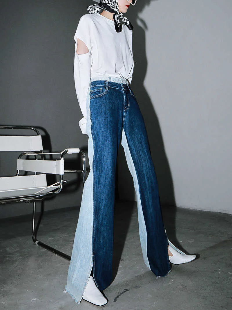 

Blue Contrast Color Split Joint Long Wide Leg Jeans New High Waist Loose Women Trousers Fashion Spring Autumn 2022