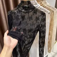 Sexy Women Long Sleeve Lace Blouses High Collar Inner Wear Lace Crochet T Shirt Base Tunic Top Perspective Vintage Bottom Blouse 5