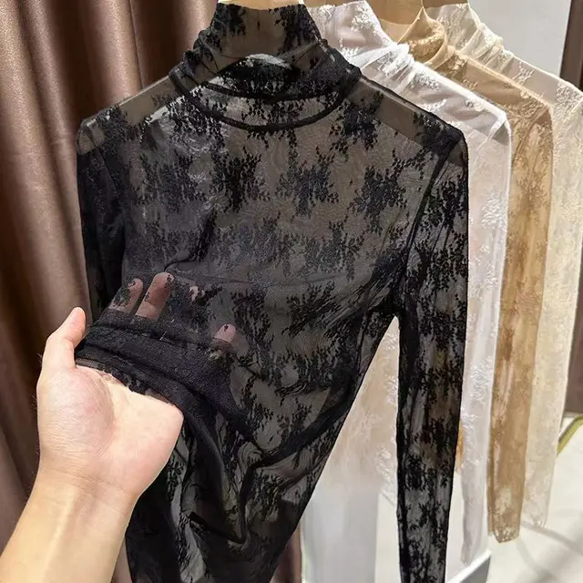Sexy Women Long Sleeve Lace Blouses High Collar Inner Wear Lace Crochet T Shirt Base Tunic Top Perspective Vintage Bottom Blouse 5 Sexy Women Long Sleeve Lace Blouses High Collar Inner Wear – view 5