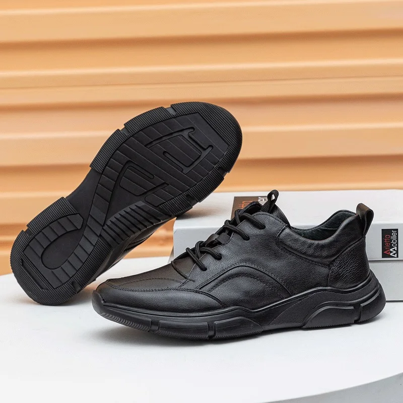 a058 New Cow Genuine Leather Fashion Men\'s Sneakers Male Casual Leather Sport Shoes Leisure Man Footwear Soft Sole Men Shoes