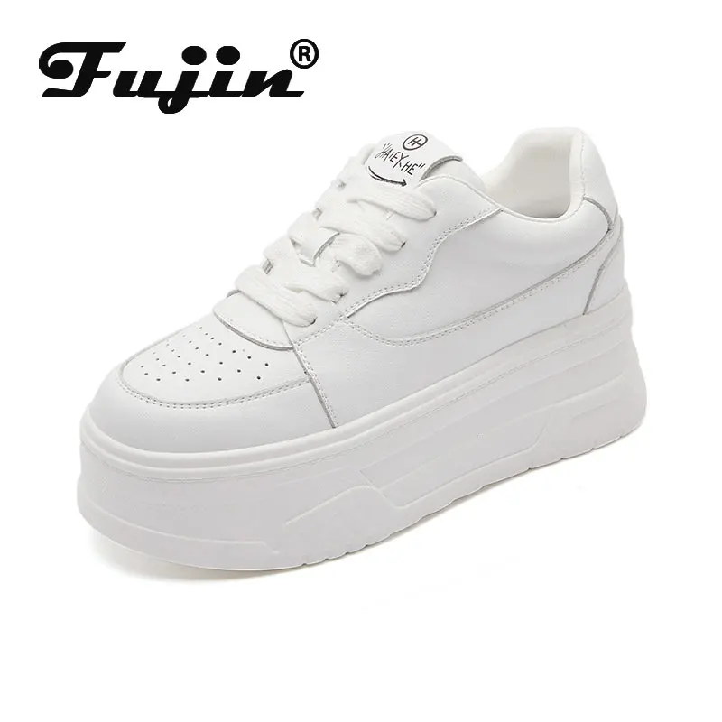 Fujin 6.5cm Genuine Leather Platform Wedge Female Women Fashion Sneakers Chunky Spring Autumn Summer White Women Casual Shoes