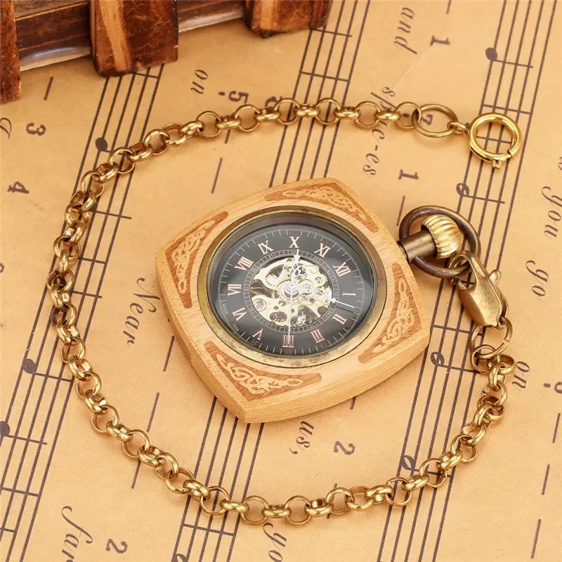 Antique Wooden Pocket Watch Square Case Men Women Automatic Mechanical Watches Roman Number Dial Pendant Chain Timepiece