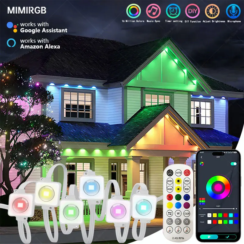 

60M Smart RGB Eave Lights App & Remote IP67 Постоянные уличные светодиодные гирлянды для дома Новый год Рождество Хэллоуин Декор Alexa