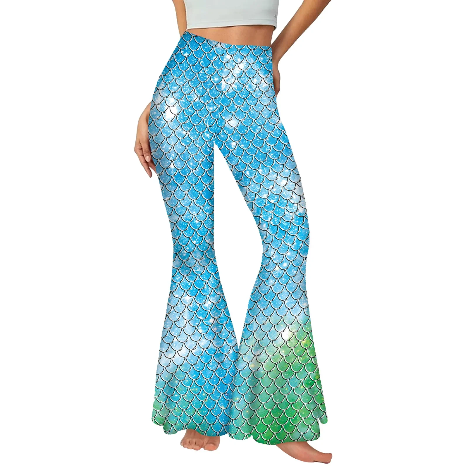 코스프레 인어 물고기 규모 인쇄 다채로운 반짝 이는 의상 플레어 바지 여성 할로윈 파티 카니발 벨 바닥 바지