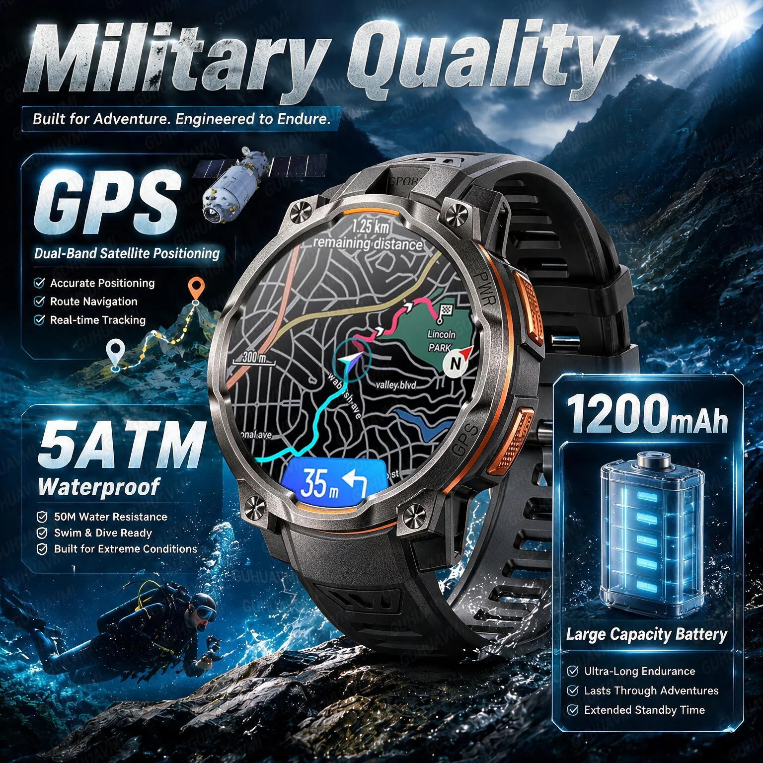 2026 New Outdoor GPS Smart Watch Men Offline Map 1200mAh 5ATM Waterproof Compass Altimeter Bluetooth Call Sports Fitness Tracker