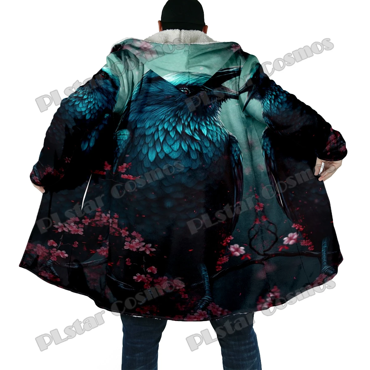 Winter Fashion Men's cloak Halloween Crow Skull Pattern 3D Printed Thick Fleece Hooded Cloak Unisex Casual Warm Cape Coat DP62