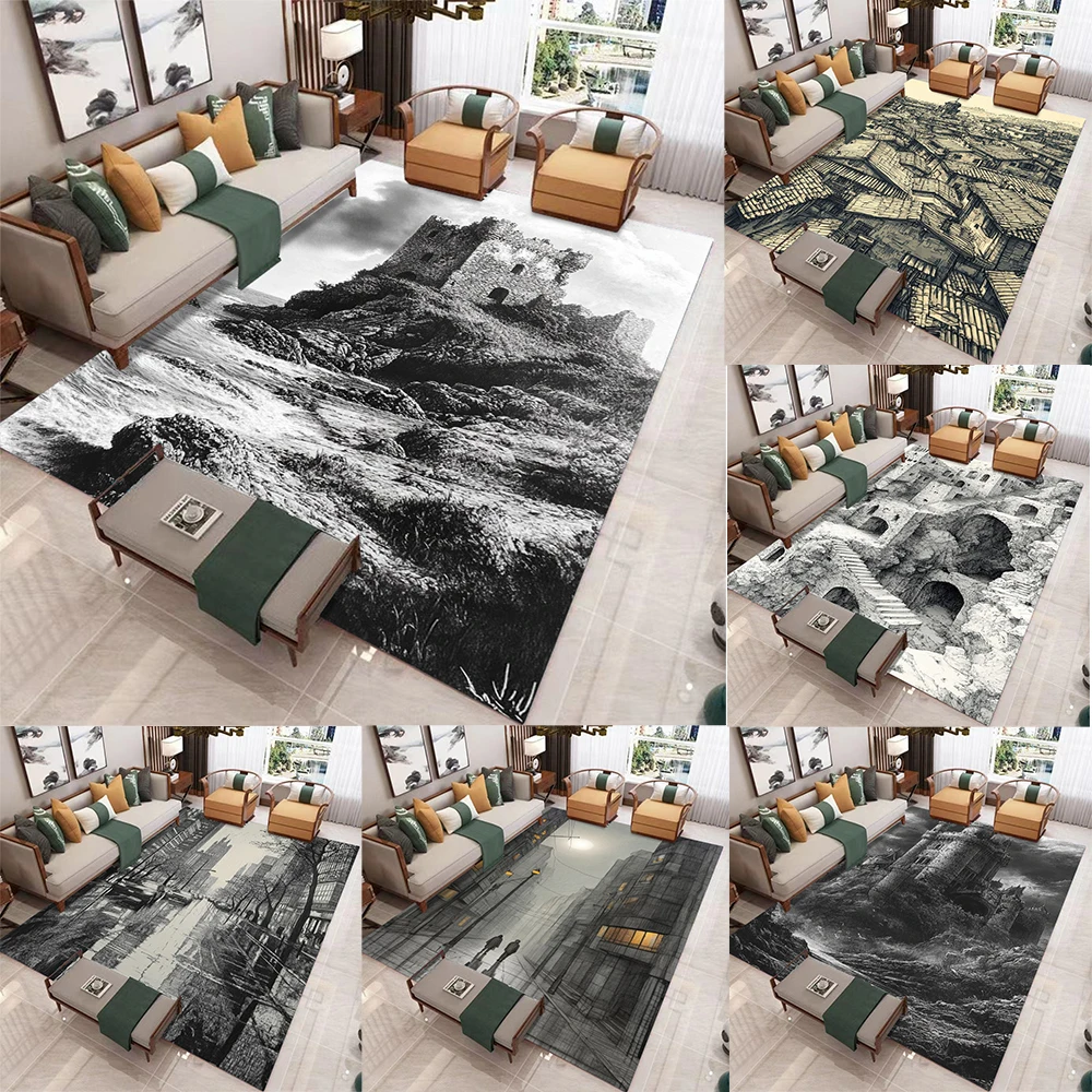 Black And White Art Sketch Carpet Castle Coast City Street Architectural Landscape Patterns Non SlipRug For Living Room Decor