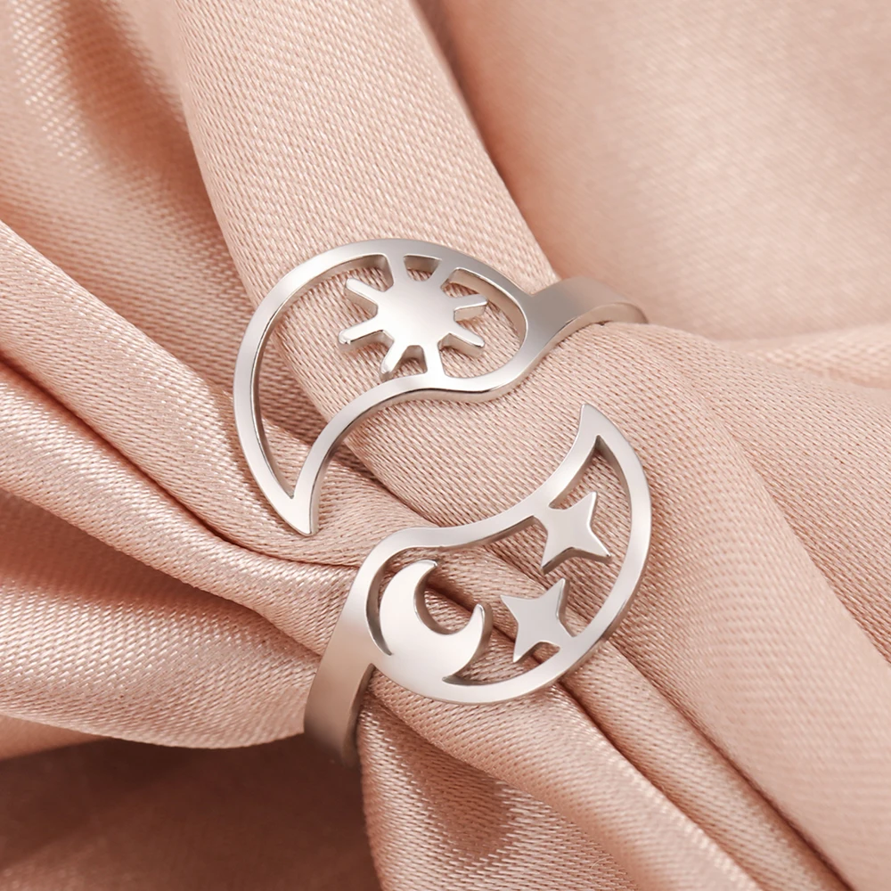 Dawapara Tai Chi Yin Yang Ring Sun Moon Stars Dolphin Adjustable Ring Bohemian Stainless Steel Wiccan Jewelry