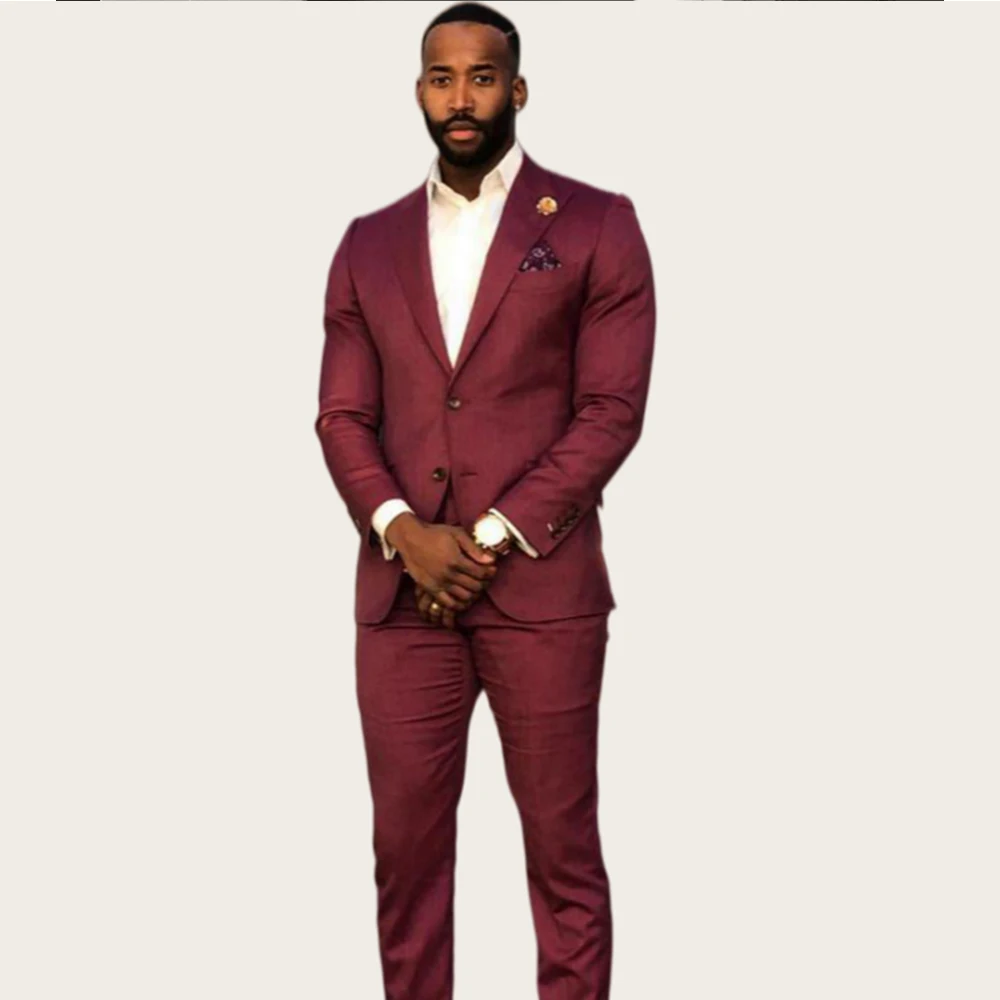 

Mophiel Wedding Men Suits Burgundy Tuxedo Peaked Lapel Single Breasted Formal Office Business Blazer Jacket+Pants Customized