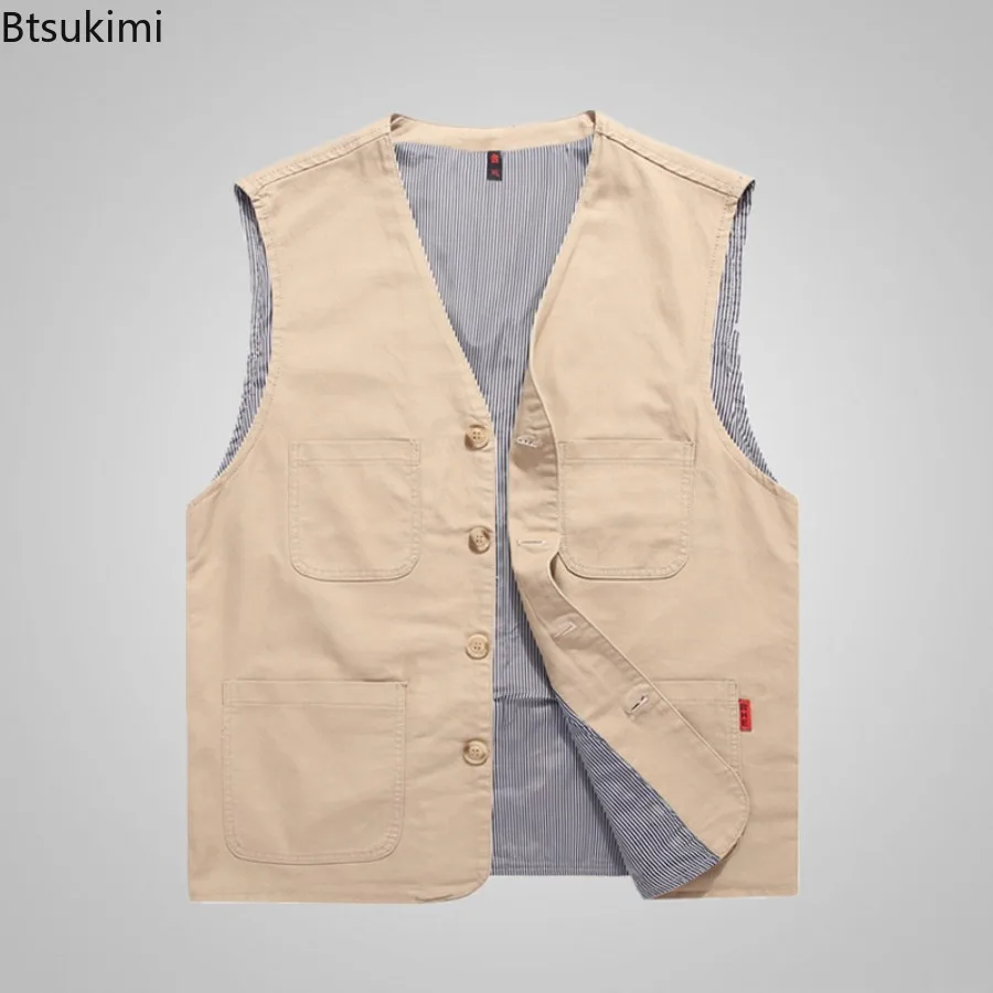 Plus Size Men's Pure Cotton Vest Spring Autumn Multi-pocket Outdoor Casual Sleeveless Jackets Men Fishing Photography Waistcoats