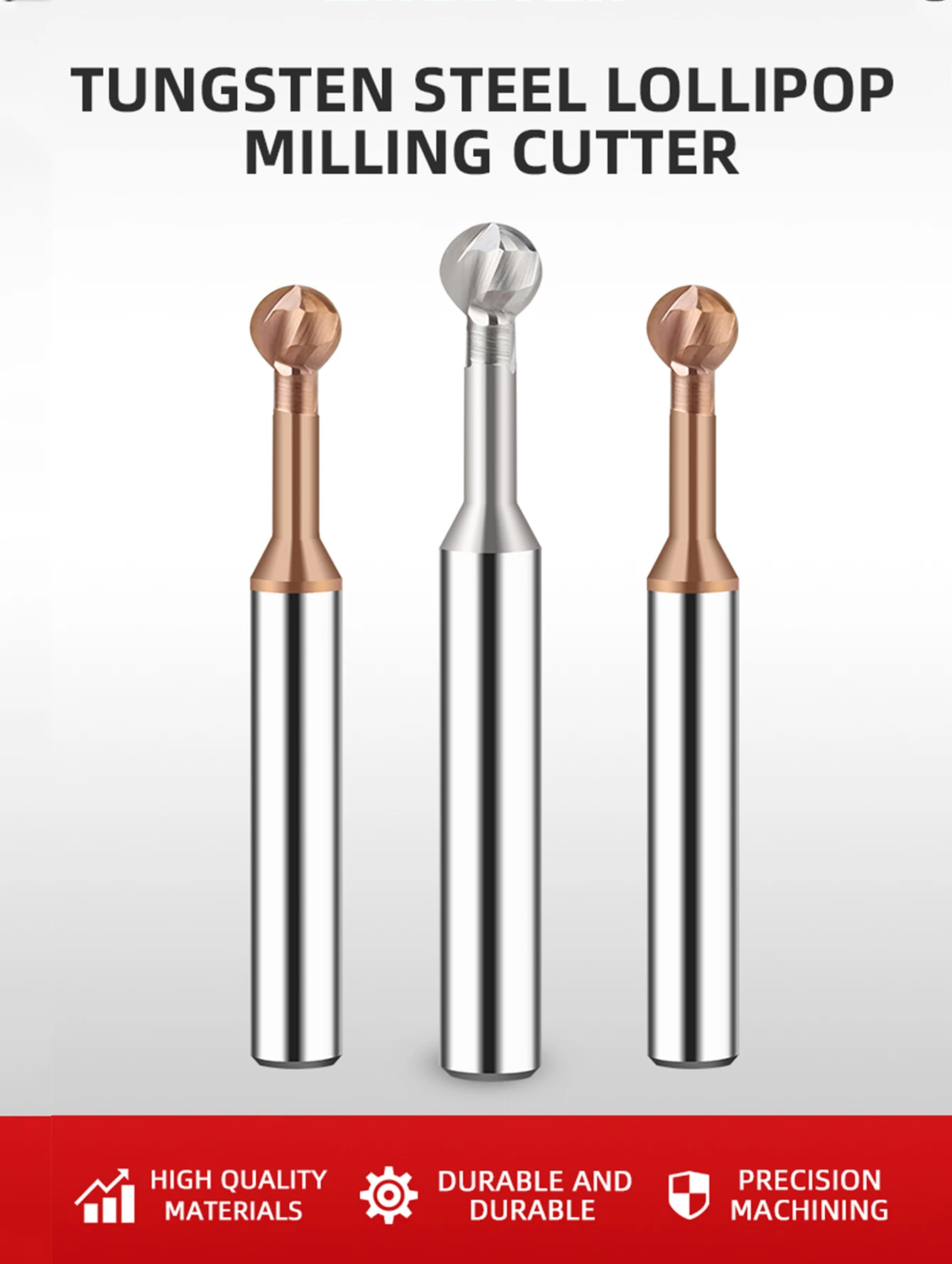 Pemotong Penggilingan Lengkungan Berbentuk T Bola 3D Pabrik Akhir Lollipop R0,5 R0,75 12345678 R9 R10 Slot Bola Karbida Padat CNC untuk Baja Aluminium