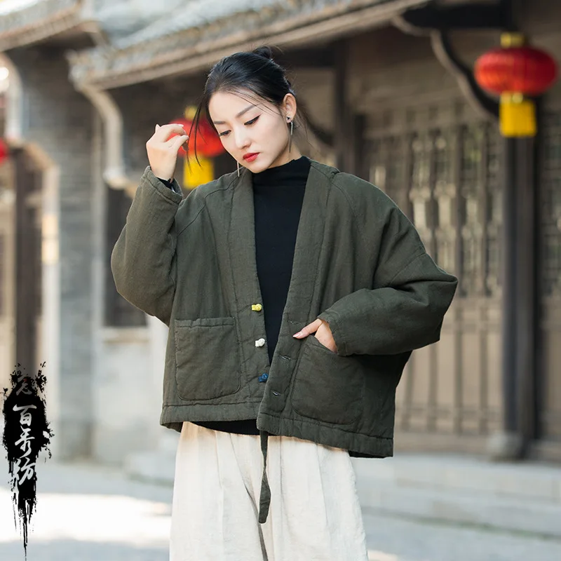 Female Autumn Winter Tops Coat Cotton-padded Clothes Lingge Frog Warm Retro Simple Comfortable Leisure Fashion Versatile Thin