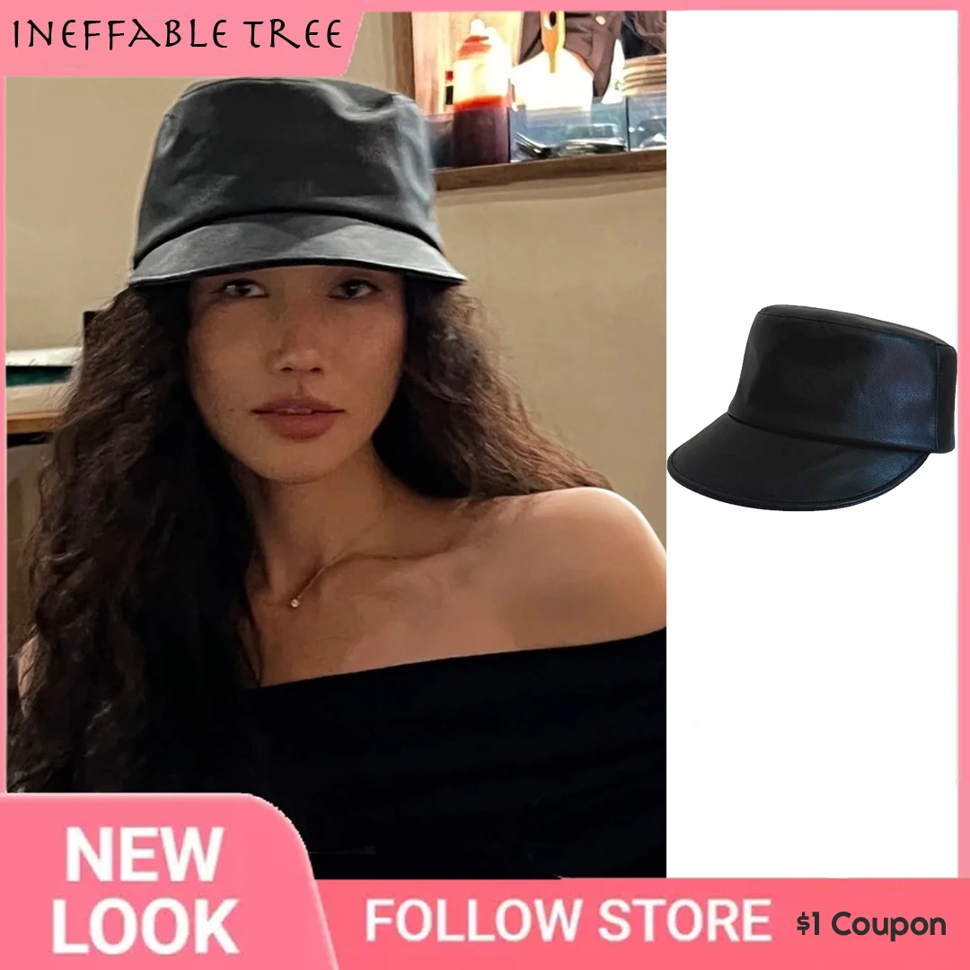 INS Black Leather Soft Tongue Flat Top Equestrian Knight Cap Street Beat Fashionable PU Duck Tongue Cap Retro Newsboy Boinas