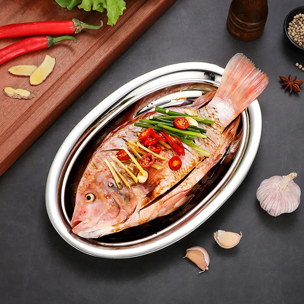 

2Pcs Stainless Steel Oval Shape Plates Strong Steamed Fish Food Steamer Plate Fruit Serving Tray Restaurant Plate