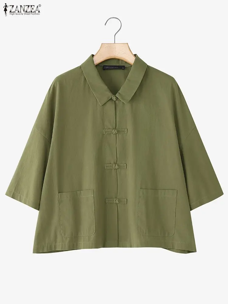 Damen-Hemden im Vintage-Stil mit Froschknöpfen, Baumwoll-Leinen, Umlegekragen, 3/4-Ärmel-Hemd, ZANZEA 2022, Herbst, Alltag, Freizeitkleidung, S-3XL
