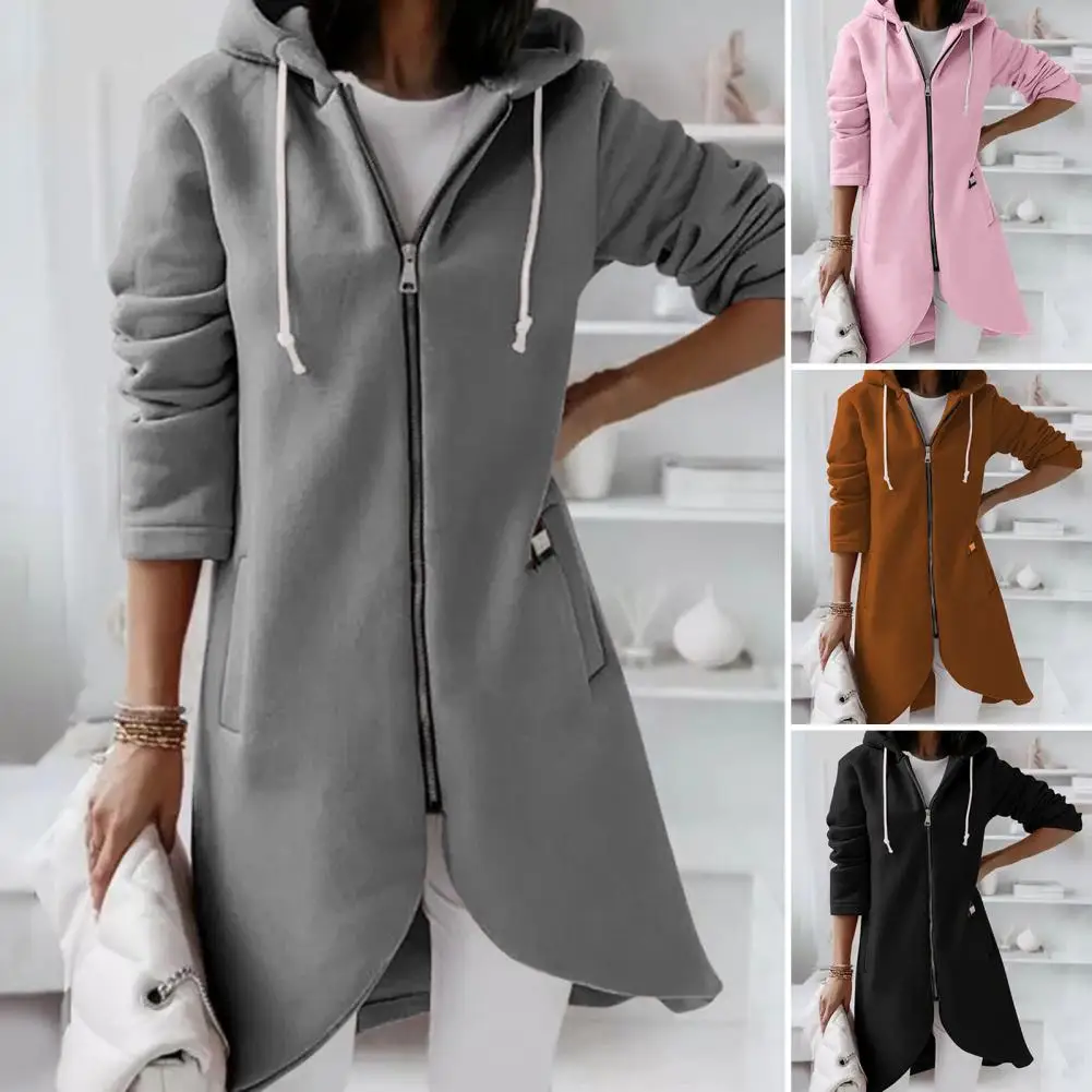 

Women Hoodie Irregular Hem Zipper Placket Hooded Long Sleeves Solid Color Everyday Wear Anti-pilling Simple Ladies Sweatshirt