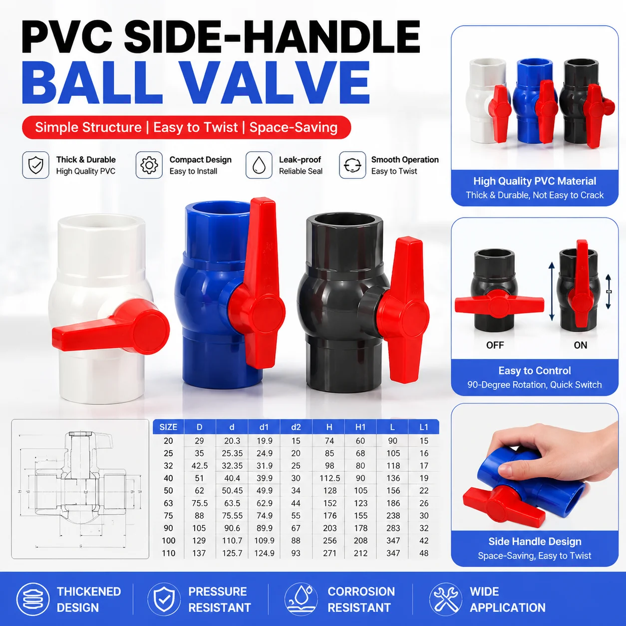 PVC Ball Valve Socket Glue Type 20-110mm Water Treatment Irrigation Pipe Shutoff Manual Handle Valve