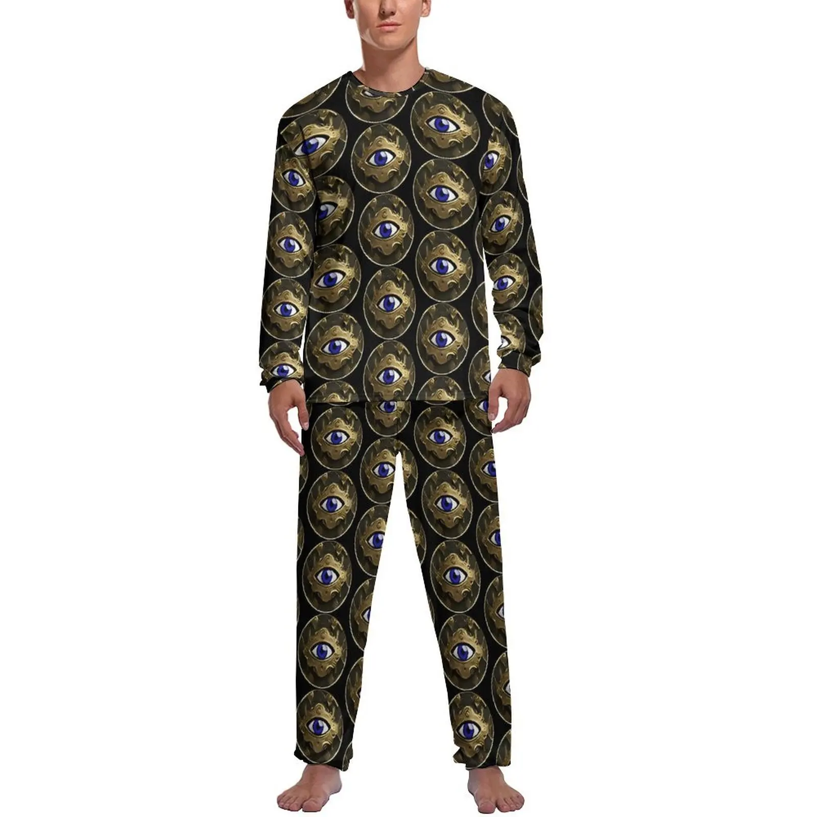 Mati Evil Eye Pajamas Spring 2 Piece White Blue and Gold Warm Pajamas Set Man Long Sleeves Room Pattern Nightwear