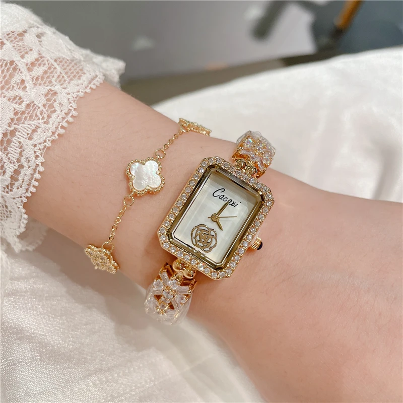 Qualtiy AAA Zircon Watches Camellia Flower Rectangle WomenWatch Crystal Bracelet Watch for Wedding Party Fashion Jewelry  A172