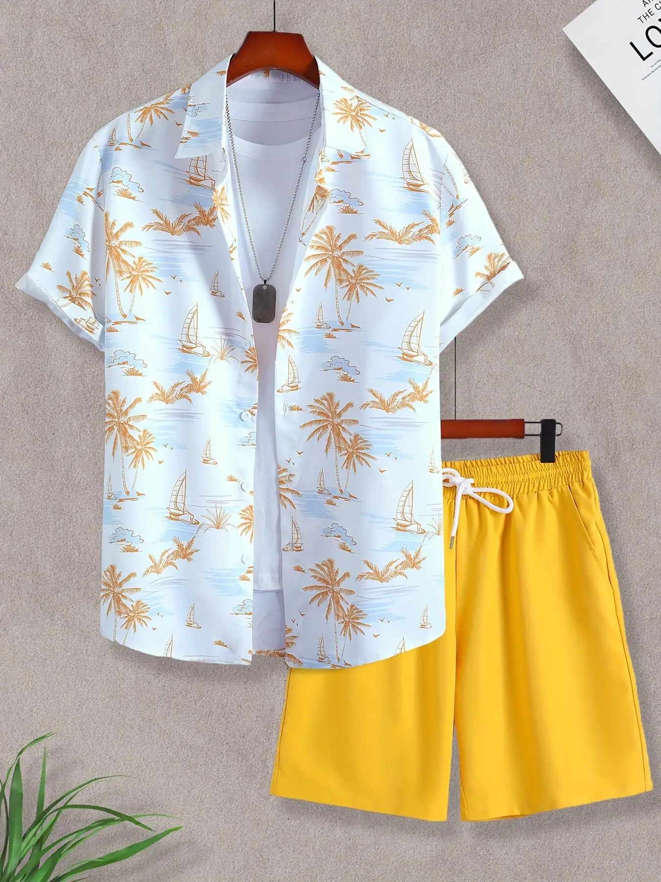 

Men's Trendy Casual Set, Beach Scene Print Shirt & Solid Yellow Shorts for Daily Wear