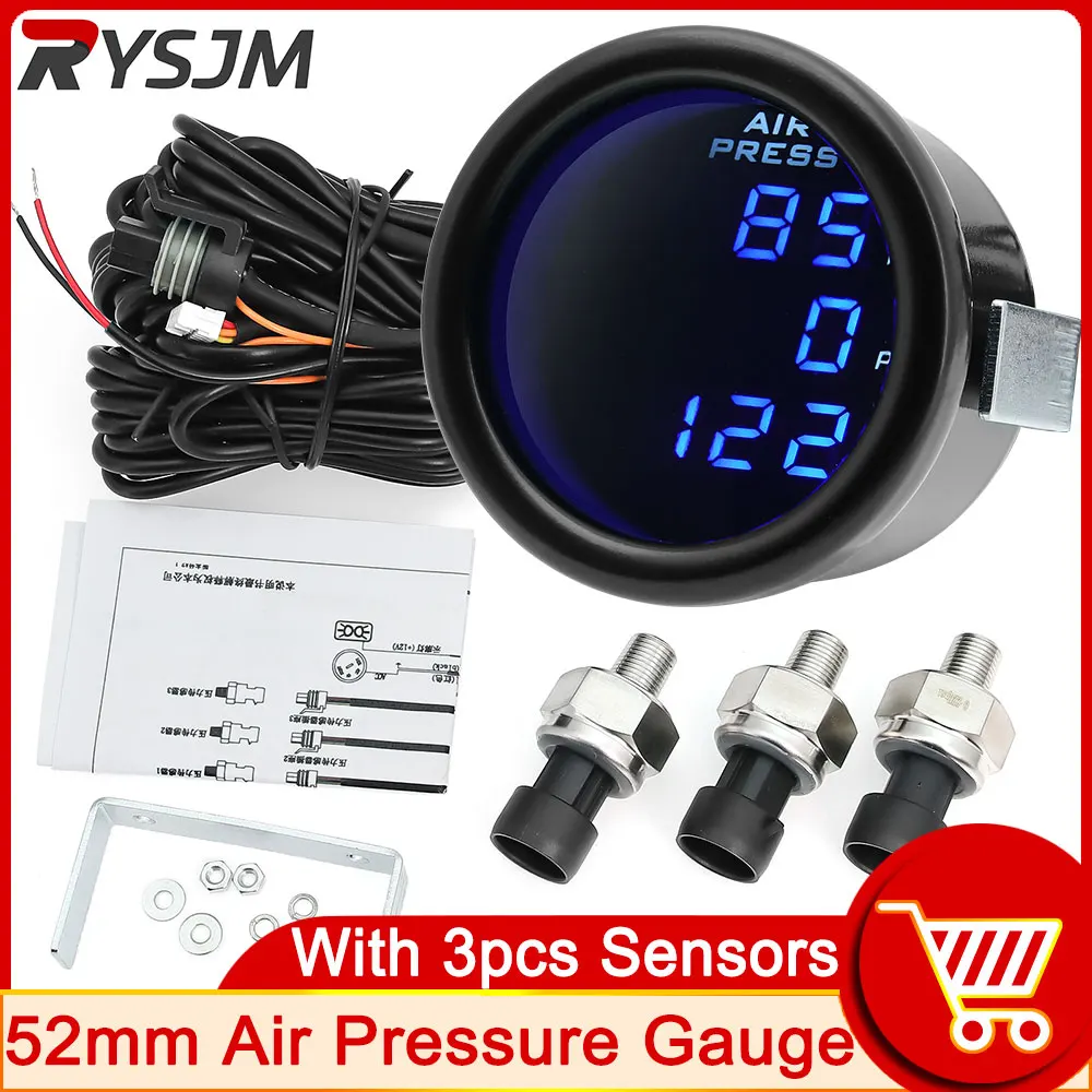 

2inch 52mm Blue LCD Three Pressure Air Pressure Gauge + 3pcs Electrical Sensors 1/8NPT PSI Air Suspension Air Ride for Car Truck