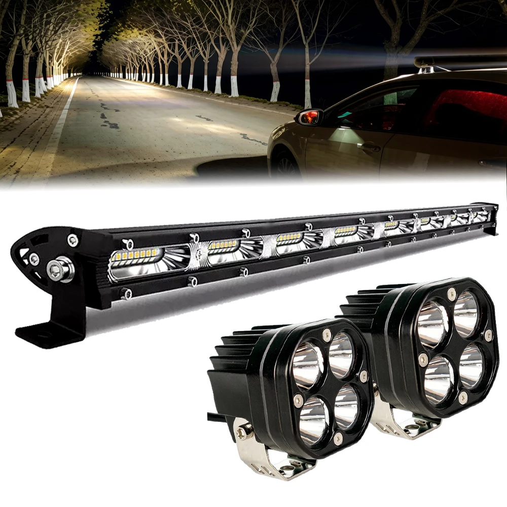 Single Row LED Light Bar 25 Inch 120° Beam Bumper Light And 2PCS 3 Inch Offroad Lighting Flood Light 6000K White Beam For 4X4 ATV SUV Boat，12V 24V