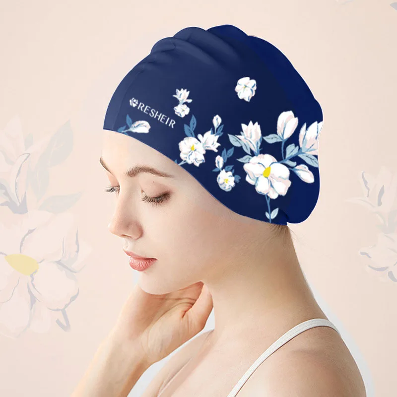 Touca de natação, silicone feminino à prova d'água para não estrangular a cabeça, cabelo longo, estampa fashion, aumento profissional, touca de natação para adultos