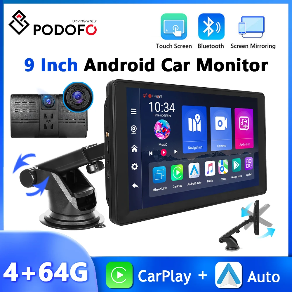 

Podofo 8Core 9'' Car DVR Android Car Monitor Front Cam 4+64G WIFI GPS Navigation Carplay Android Auto Smart Screen Player Dash